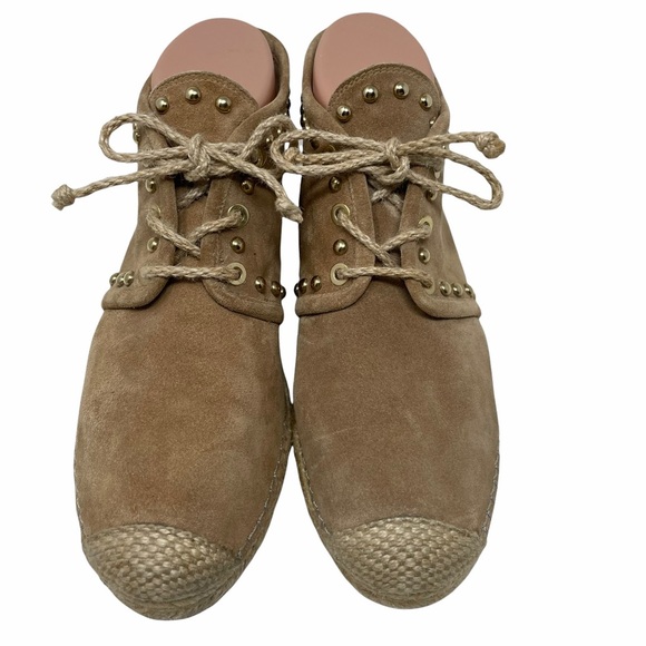 Stuart Weitzman - Beige Suede Lace-Up High Top Espadrilles W/ Gold Studs Sz 7M